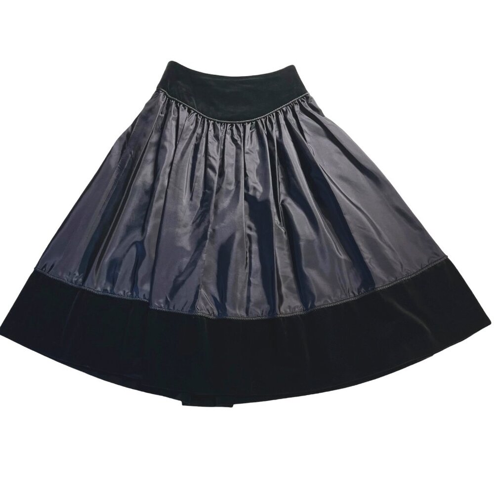 Mondi Vintage Black Velvet and Satin High Waist A-Line Midi Skirt